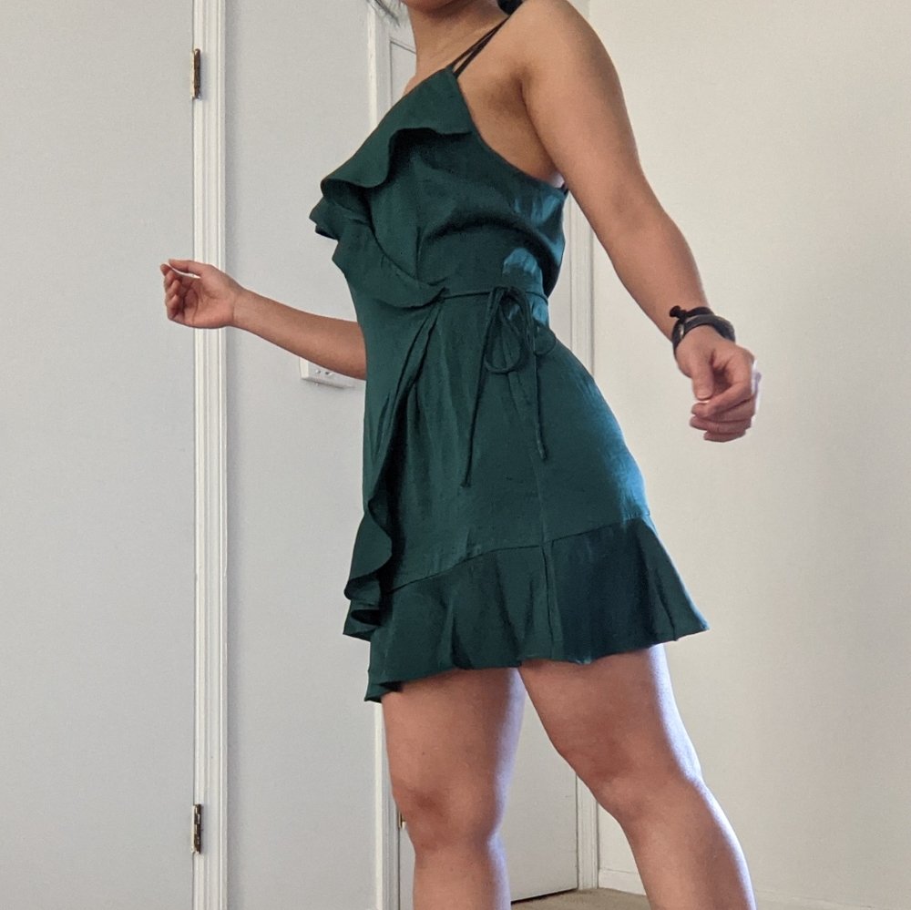 Satin wrap mini green dress